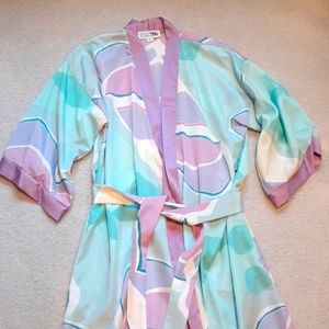 Kimono style lightweight silk like robe of pastel blues, aquas, and lavender